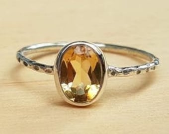 Handmade Oval Citrine Ring: Hammered Sterling Silver Band