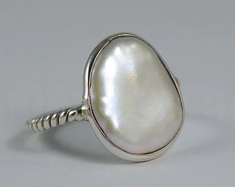 Freshwater Pearl Ring: Sterling Silver Twisted Band, Boho Statement Jewelry