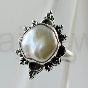 Natural Pearl Stone Ring, 925 Sterling Silver, Round Gemstone Ring, Simple Band Ring, Cabochon Stone, Bezel, Set Christmas Gift, Boho Ring