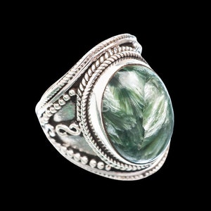 Seraphinite Stein Ring, 925 Sterling Silber, ovale Edelstein Ring, Designer Band Ring, facettierten Stein, Statement Ring, Weihnachtsgeschenk, Boho