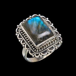 Blue Labradorite Ring, 925 Sterling Silver, Baguette Gemstone Ring, Simple Band Ring, Cabochon Stone, Statement Ring, Christmas Gift, Boho