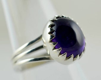 Sterling Silver Amethyst Ring: Oval Purple Gemstone, Bezel Set