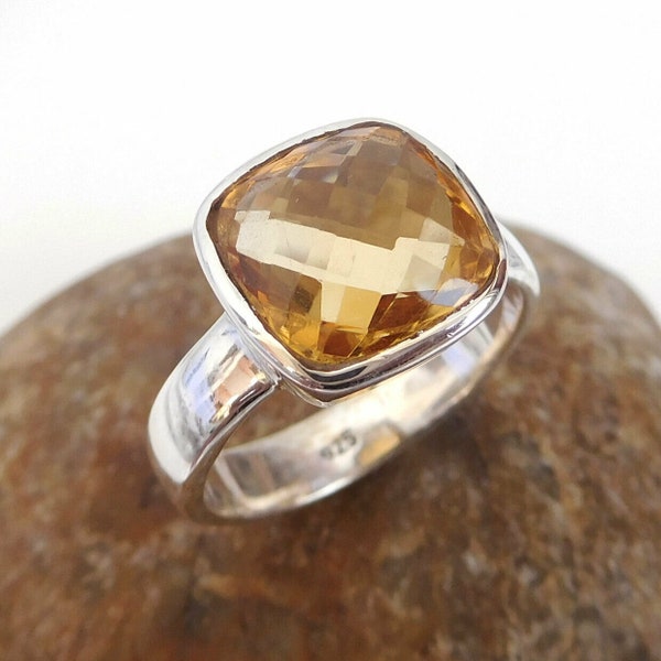 Citrine Silver Ring, Cushion Silver Ring, Briolette Citrine, Checkerboard Cut, Natural Stone Ring, Bezel Setting, Anniversary Ring, Dainty