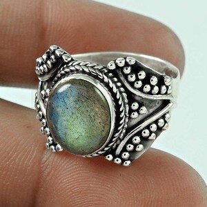 Natürliche Labradorit Ring, 925 Sterling Silber, ovale Edelstein Ring, Designer Band Ring, Cabochon Stein, Lünette Set Ring, Weihnachtsgeschenk, Boho