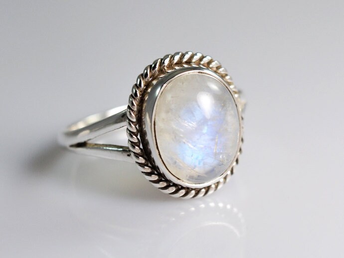 White Rainbow Moonstone Ring Oval Gemstone Sterling Silver | Etsy