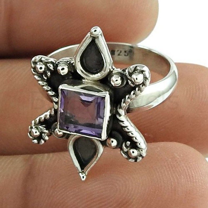 Boho Ring Cushion Gemstone 925 Sterling Silver Purple Amethyst Ring Christmas Gift Simple Band Ring Bezel Set Ring Faceted Gemstone