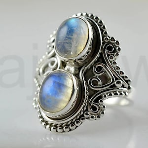 Oval Moonstone Ring, 925 Sterling Silver, Double Gemstone, Simple Band Ring, Cabochon Stone, Designer Bezel Set, Christmas Gift, Boho Ring