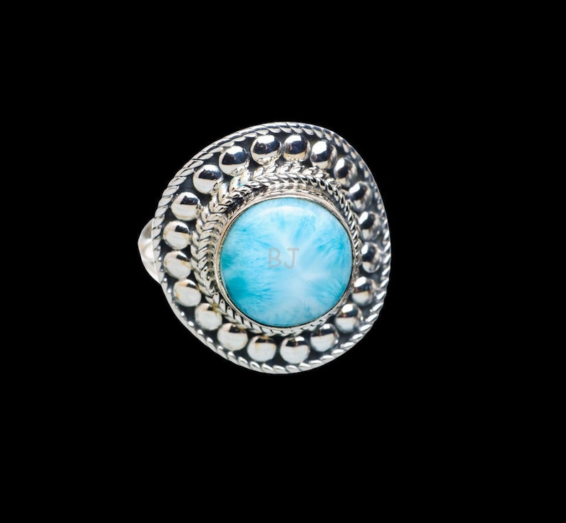 Statement Ring Boho Ring 925 Sterling Silver Christmas Gift Designer Larimar Ring Simple Band Ring Cabochon Stone Round Gemstone Ring