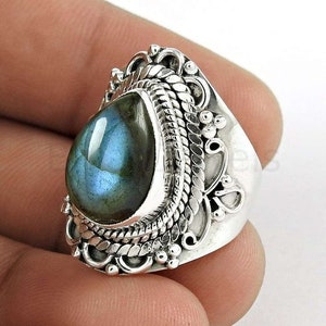 Blue Labradorite Ring, 925 Sterling Silver, Pear Gemstone Ring, Split Band Ring, Cabochon Stone, Bezel Set Ring, Christmas Gift, Boho Ring