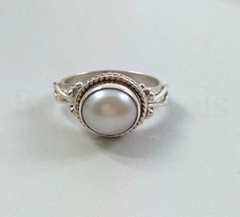 White Pearl Stone Ring 925 Sterling Silver Round Gemstone Etsy