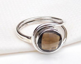 Natural Smoky Quartz Ring, 925 Sterling Silver Ring, Designer Band Ring, Bezel Set, Round Gemstone, Statement Ring, Sale