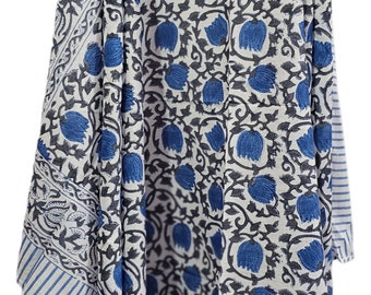 Blue Floral Cotton Sarong Pareo, Hand Block Printed Indian Scarf