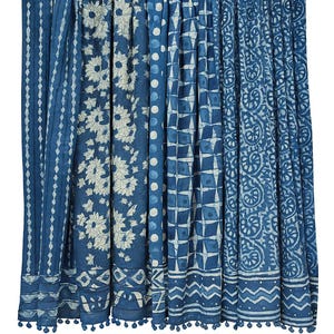Indigo Blue Cotton Stole Set: Hand Block Print Scarves, 22x72"