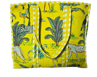 Indian Traditional Handbloock Printed Cotton Quilted Shoulder Tote Bag, Yellow Jungle Print Cotton Shoulder Tote Bag