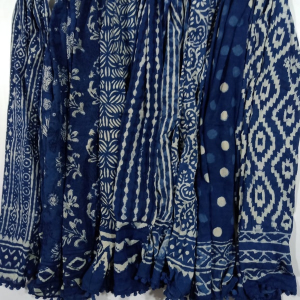 5 Pc Mix Lot Indigo Blue Stole Indian hand block print scarves cotton stole size 22x72"