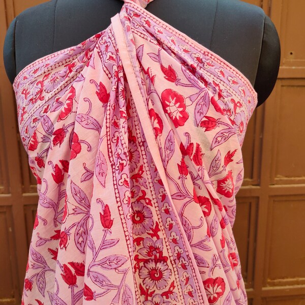 Hand Block Printed Pareo Women  Bach Cover up Sanganeri Printed Sarong Cotton Dupatta Bach Cover Throw 44x72" Cotton Pink Color Pareo