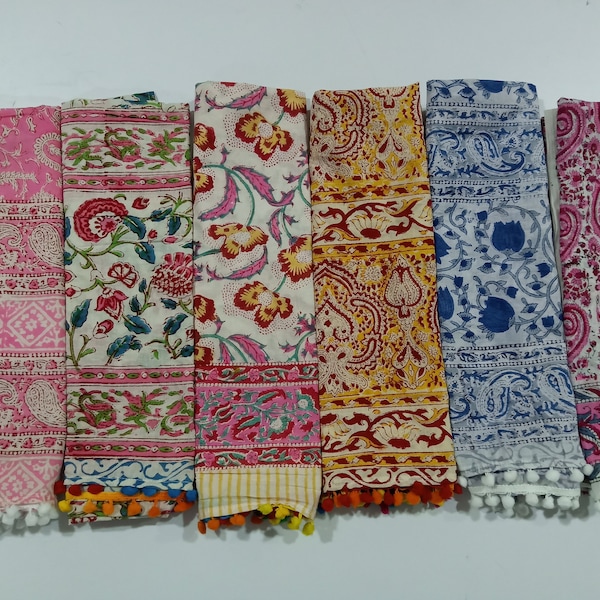 5 Pc Mix Lot Indian hand block print scarves cotton stole size 22x72"blue and multi color