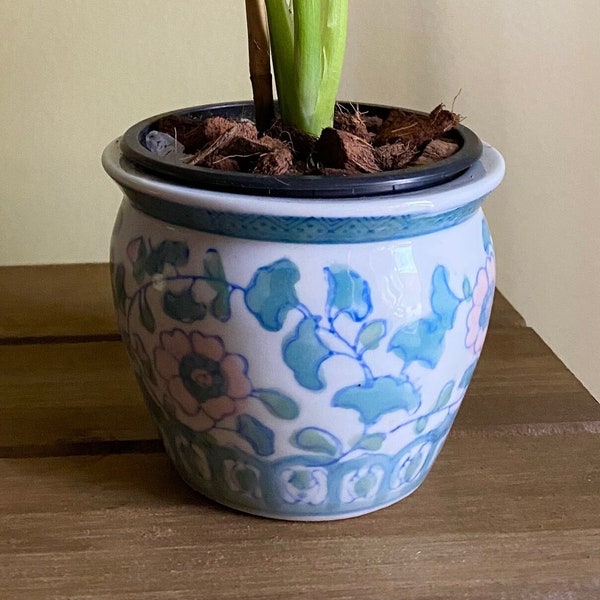 Classic Mini Blue, Pink and White Porcelain Chinoiserie Planter || 1990’s - 2000’s