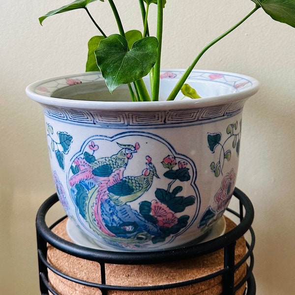 Handpainted Porcelain Chinoiserie Planter with Bird and Floral Illustrations || 90’s - 00’s