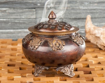 Incense Burner Ashtamangala, Tibetan Eight Auspicious Symbols, With Lid, Medium Sized & Light Altar Bowl (without Decor)