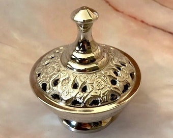 Traditional Incense Burner, Nickel Plated Brass, Smudge Dish, With Lid, Small Sized Altar Bowl (without Decor)