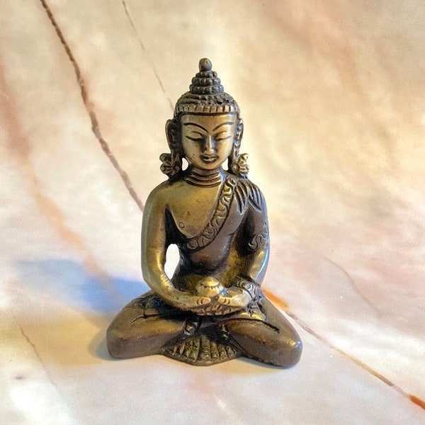 Buddha Amitabha Dhyani Brass Statue, Small Handmade Sculpture, Partly Coloured Quality Talisman For Devotion, Altar And Travel