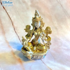 Green Tara Statue – Buddhism Silver plated & Golden Brass Meditation Altar Decor