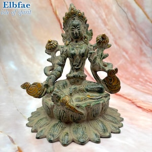 Green Tara Statue – Buddhism Green & Golden Brass Meditation Altar Decor