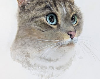 May include: Watercolor painting of a gray tabby cat with blue eyes, looking to the right. The cat's fur is painted with a soft, realistic texture.