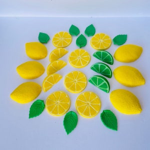 Fondant lemon slices, lemon wedges, lemons and green leaves perfect for cakes or cupcakes-Vegan-Dairy Free-Nut Free-Gluten Free