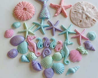 35 Pastel Fondant Seashells Toppers - Vegan - Nut Free - Gluten Free
