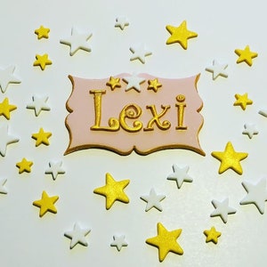 Fondant Name Plaque and 30 Stars Set Cake toppers - Twinkle twinkle little star theme