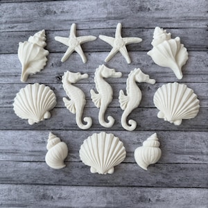 May include: A collection of twelve off-white decorative figures featuring various marine life shapes, including three seahorses, two starfish, three fan-shaped scallop shells, and four spiral conch shells arranged in a grid-like pattern.