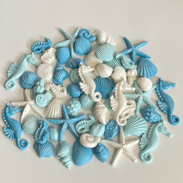 30 or 60 White and blue mix Edible fondant seashell set with pearl shimmer finish-Vegan