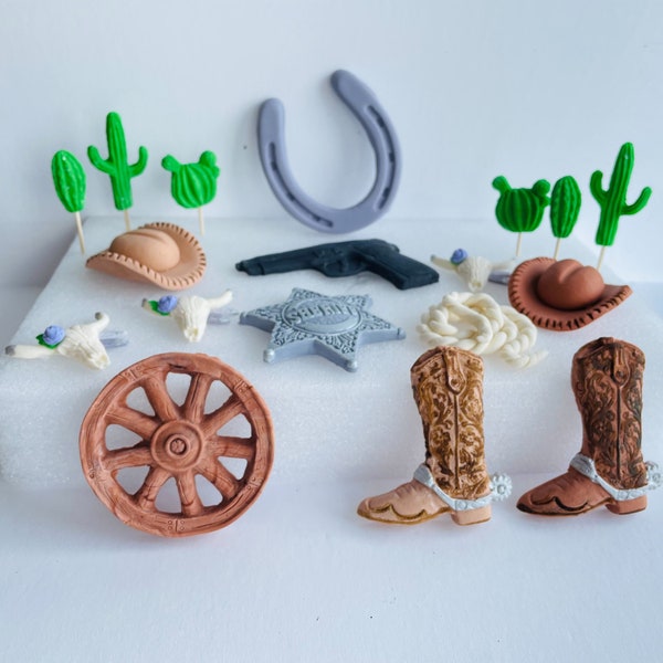 Fondant edible Western cowboy theme cake toppers - Vegan