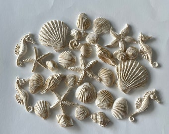 White Edible fondant seashell set with gold and pearl shimmer finish