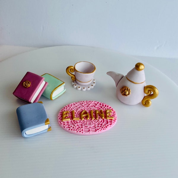 Fondant 3D Tea Time Lover - Book Reader - Teapot  - cake topper Set - Nut Free - Vegan