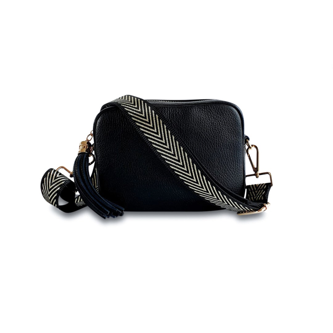 Black Leather Cross-body Bag With Black & Gold Chevron Strap - Etsy UK