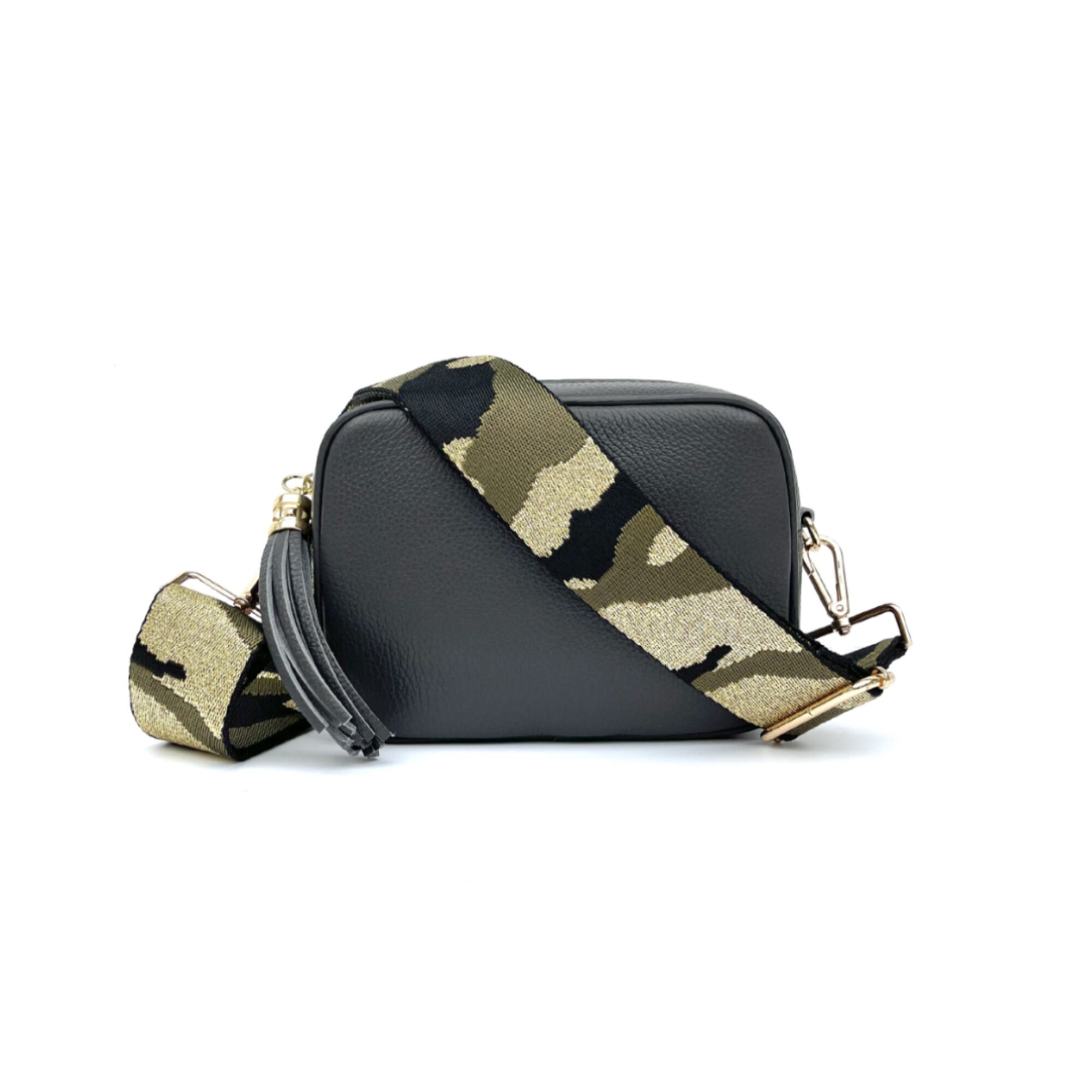 Dark Grey Leather Cross-body Bag With Green & Gold Camo Strap -  Hong  Kong