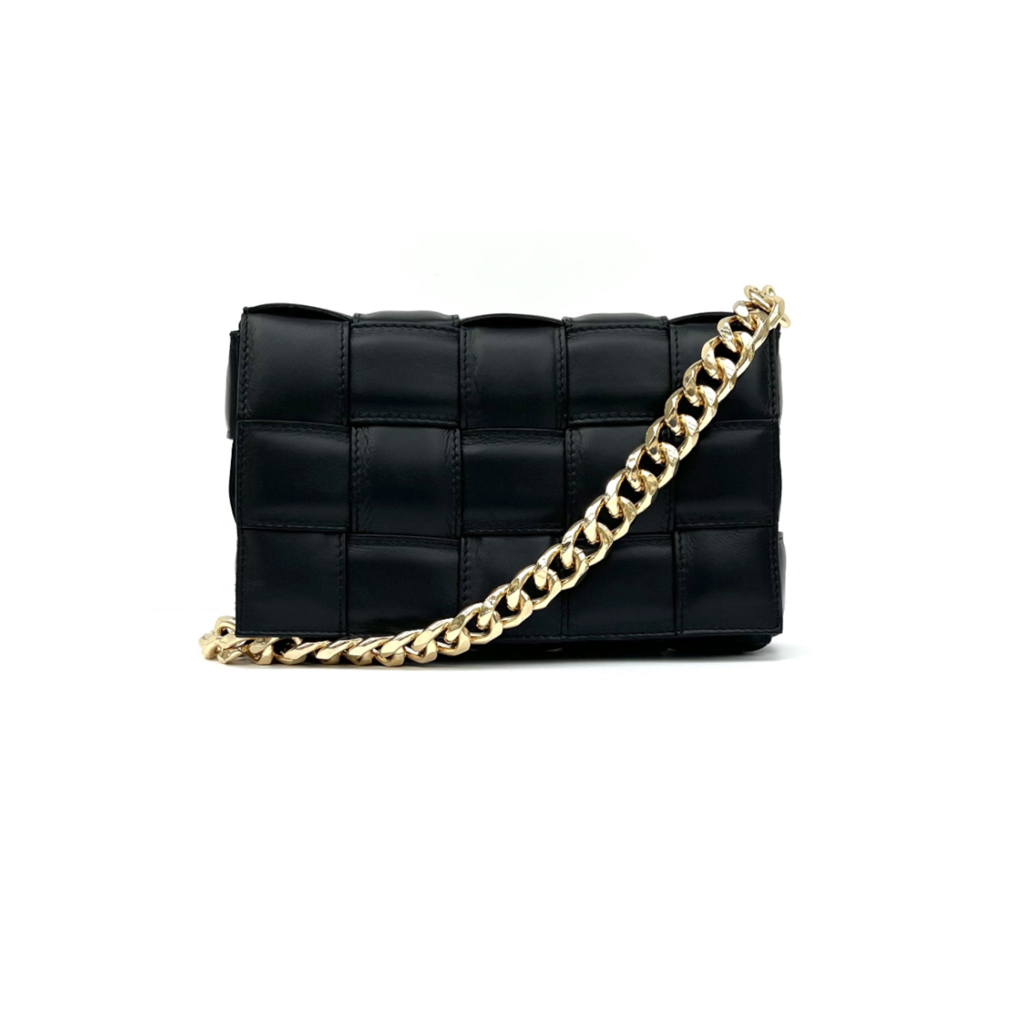 Black Padded Woven Leather Cross-body Bag With Gold Chain 