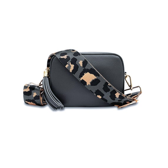 Dark Grey Leather Cross-body Bag With Grey Leopard Strap 