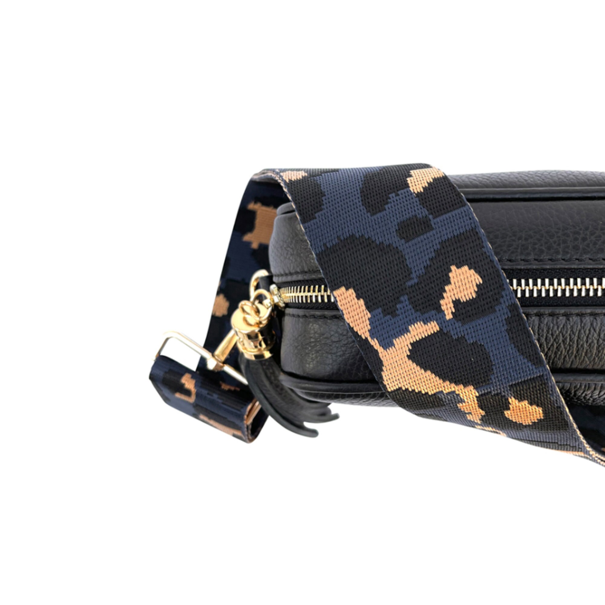 Black Leather Crossbody Bag With Navy Leopard Strap Etsy