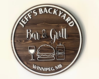 Bar Grill Name Sign, BBQ Gift, Kitchen Sign, Round Family Wood Sign, Cottage Lake House Decor, Bar Sign Backyard, Basement Bar Wall Hanging