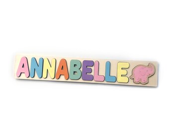 Casse-tête personnalisé avec nom éléphant rose, puzzle en bois, baby shower - cadeau d'anniversaire,