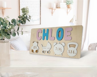 Birth Stats Announcement Name Puzzle, Birth Wooden Keepsake, Nursery Decor, New Baby Gift, Personalized Room Bespoke Decor Gift New Parents