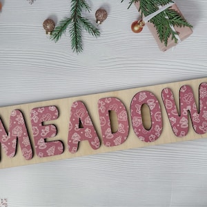 Christmas Theme Name Puzzle, Wooden Personalized Puzzle Pattern Pine Tree Noel Gingerbread Cute Letters
