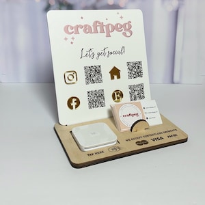 Logo personnalisé Médias sociaux et support de lecteur carré Présentoir de stand de marché Panneau en bois acrylique - QR CODE Info Marketing Petites entreprises