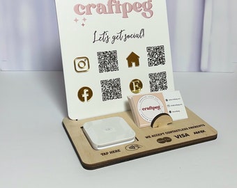 Custom Logo Social Media & Square Reader Holder Booth Display Market Stand Acrylic Wood Sign - QR CODE Small Business Shop Info Marketing