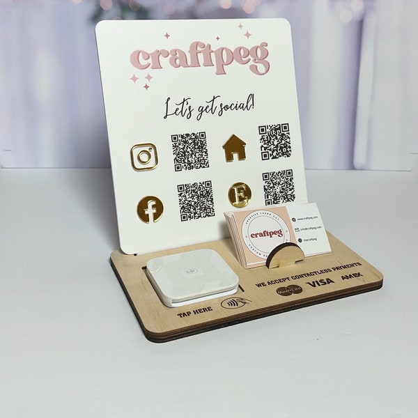 Custom Logo Social Media & Square Reader Holder Booth Display Market Stand Acrylic Wood Sign - QR CODE Small Business Shop Info Marketing