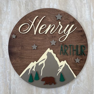 Woodland Bear Baby Name Sign, Mountain Nursery Decor, Custom Round Wall Art